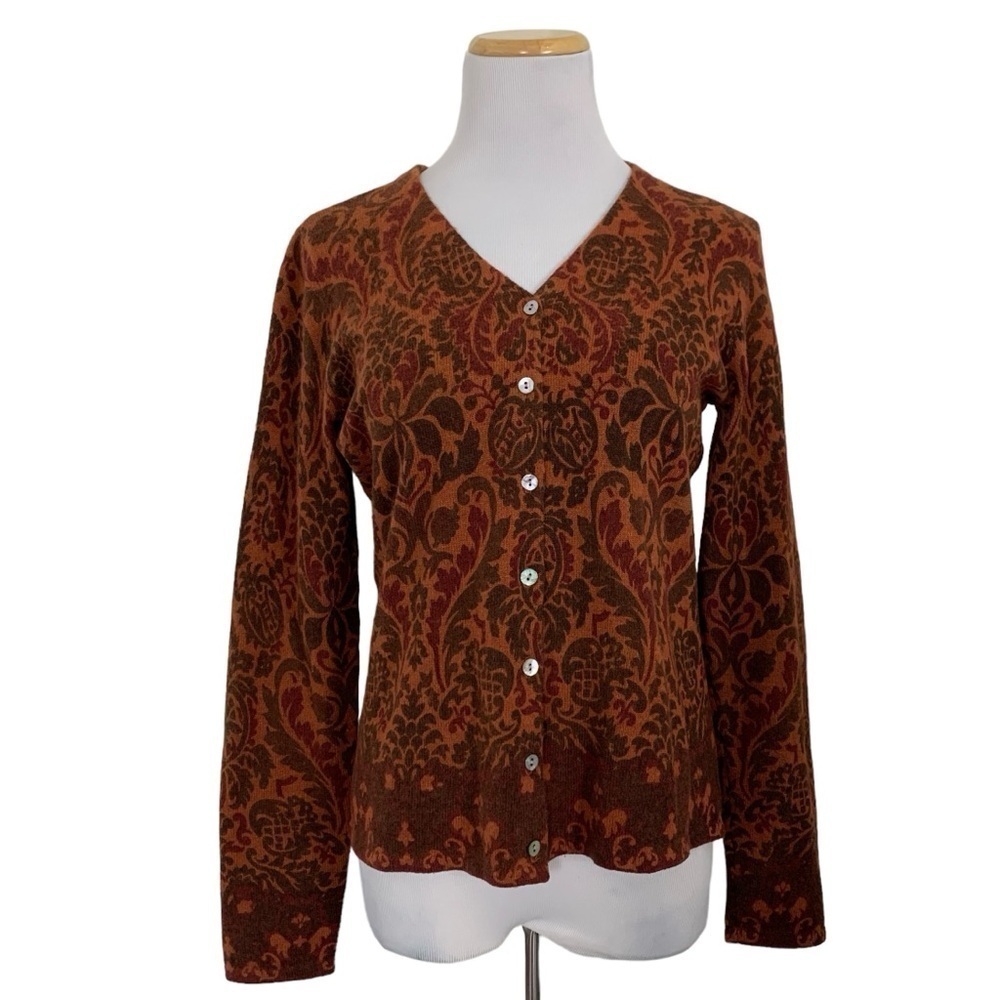 Jillian Jones Wool Angora Floral Scroll Cardigan Womens S Button Orange Brown